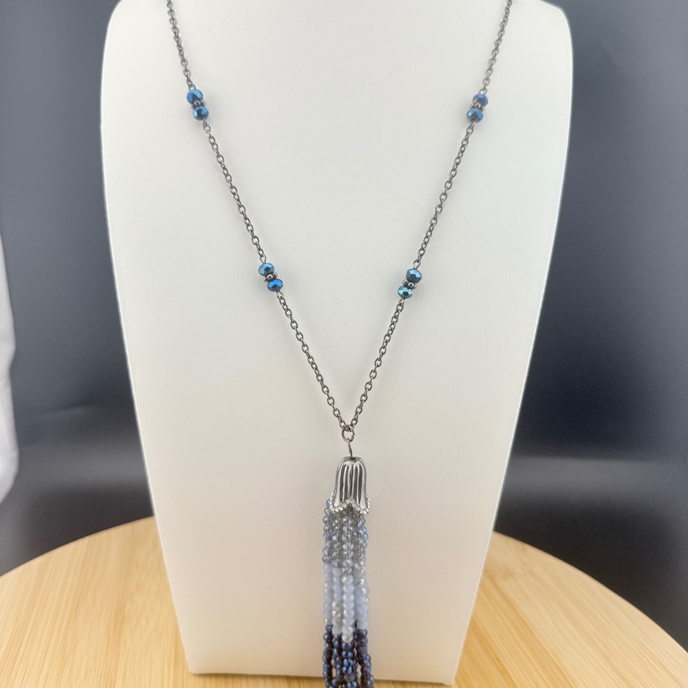 Blue Ombre Beaded Tassel Necklace Rhinestone Cap Gunmetal Chain Boho